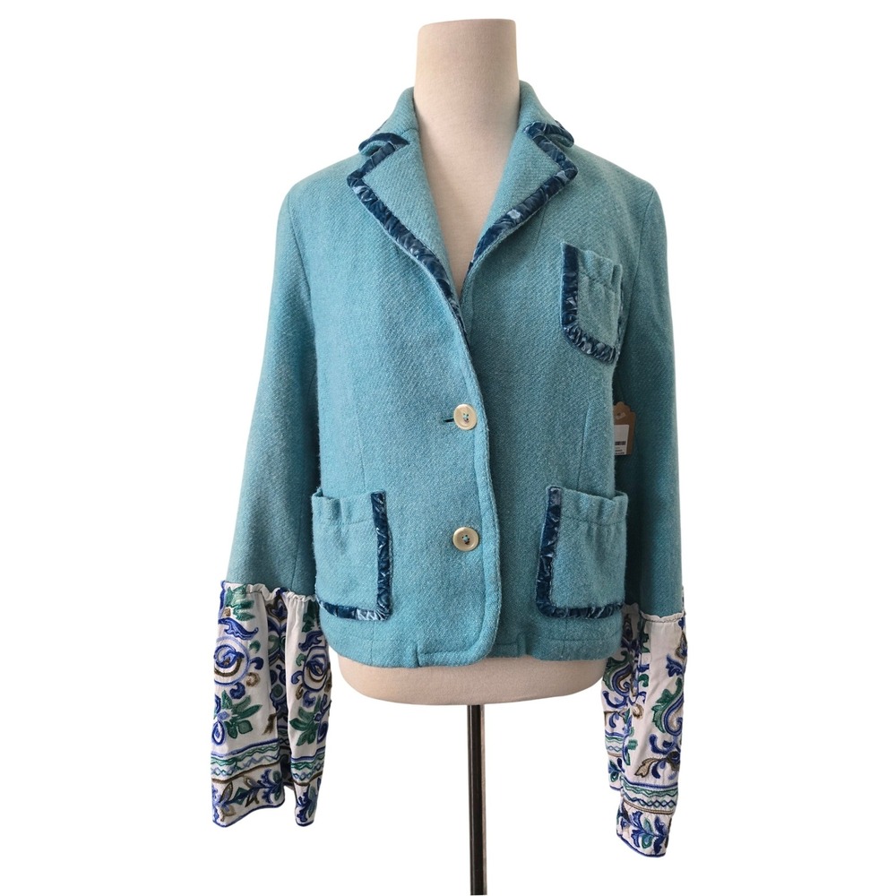 NWT Peace By Piece Turquoise Wool Mixed Media Blazer Paisley Bell Sleeve M